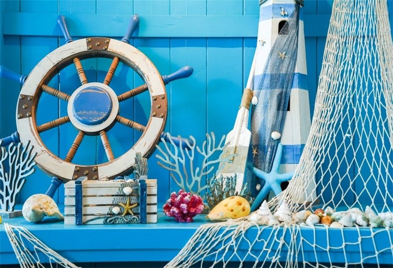LFEEY 7x5ft Blue Wooden Wall Nautical Birthday Backdrop Seashells Sailing Ship Wheel Helm Fishing Net Starfish Summer Party Photography Background for Events Videos YouTube Photo Studio Props - Image 1